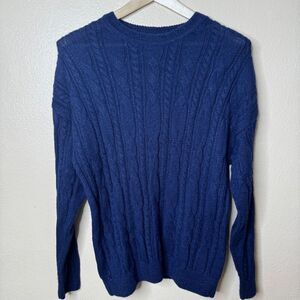 Tumi Sweater Mens Medium Navy Blue Chunky Cable Knit Alpaca Crewneck Pullover